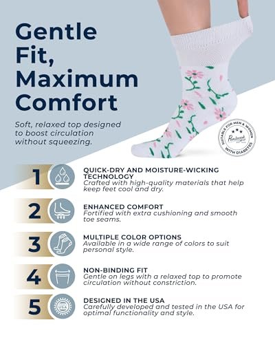 Pembrook Diabetikersocken für Damen und Herren - 6 Paare | Florales Muster | Atmungsaktive Bambusviskose | Nicht einschnürend, locker sitzend | Diabetikersocken | Damen Diabetikersocken | Ganztägiger Komfort ohne Fußbeschwerden