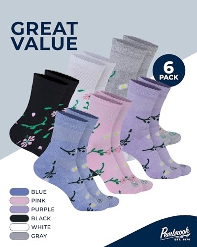 Pembrook Diabetikersocken für Damen und Herren - 6 Paare | Florales Muster | Atmungsaktive Bambusviskose | Nicht einschnürend, locker sitzend | Diabetikersocken | Damen Diabetikersocken | Ganztägiger Komfort ohne Fußbeschwerden