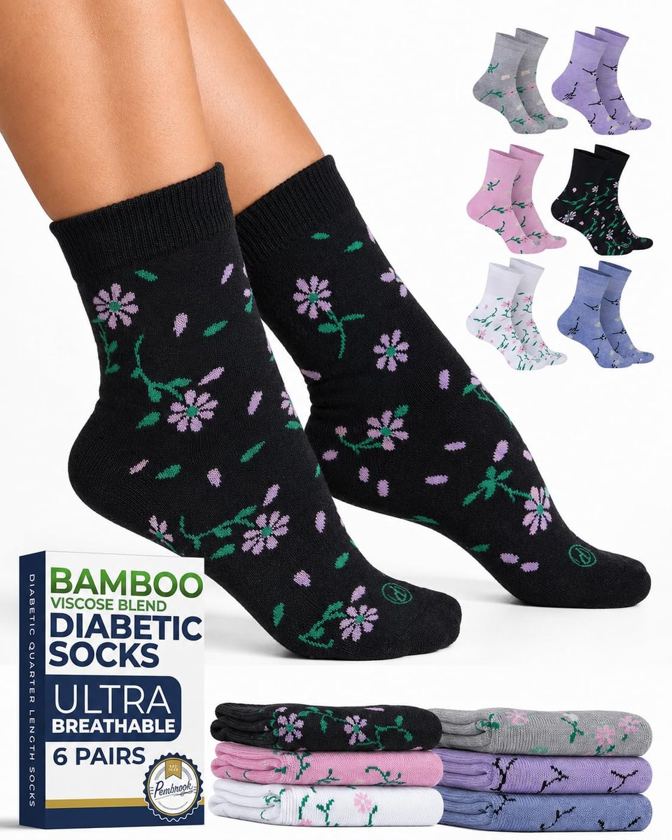 Pembrook Diabetikersocken für Damen und Herren - 6 Paare | Florales Muster | Atmungsaktive Bambusviskose | Nicht einschnürend, locker sitzend | Diabetikersocken | Damen Diabetikersocken | Ganztägiger Komfort ohne Fußbeschwerden