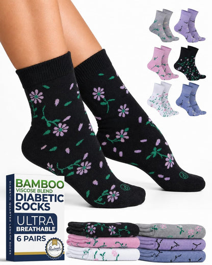 Pembrook Diabetikersocken für Damen und Herren - 6 Paare | Florales Muster | Atmungsaktive Bambusviskose | Nicht einschnürend, locker sitzend | Diabetikersocken | Damen Diabetikersocken | Ganztägiger Komfort ohne Fußbeschwerden