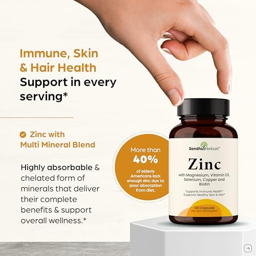 Zink 30mg mit Kupfer, Selen & Vitamin D3 | 120 Kapseln | Magnesium, Vitamin B6, Biotin Komplex | Absorbierbares cheliertes Zink für Männer & Frauen | für Haare, Haut, Nägel & Immununterstützung