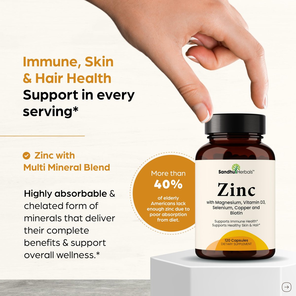 Zink 30mg mit Kupfer, Selen & Vitamin D3 | 120 Kapseln | Magnesium, Vitamin B6, Biotin Komplex | Absorbierbares cheliertes Zink für Männer & Frauen | für Haare, Haut, Nägel & Immununterstützung