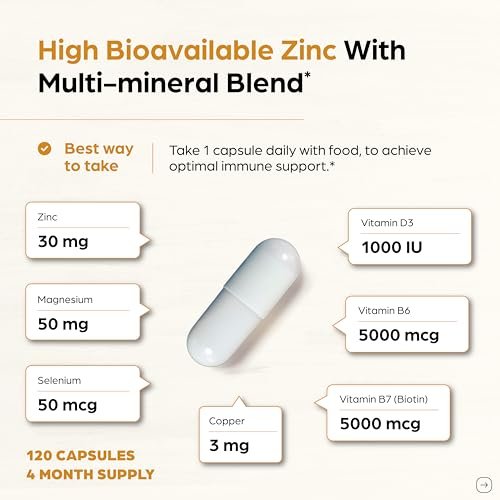 Zink 30mg mit Kupfer, Selen & Vitamin D3 | 120 Kapseln | Magnesium, Vitamin B6, Biotin Komplex | Absorbierbares cheliertes Zink für Männer & Frauen | für Haare, Haut, Nägel & Immununterstützung