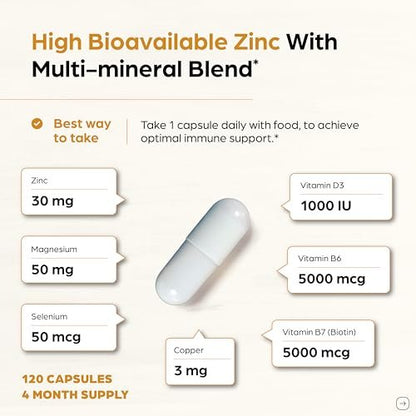 Zink 30mg mit Kupfer, Selen & Vitamin D3 | 120 Kapseln | Magnesium, Vitamin B6, Biotin Komplex | Absorbierbares cheliertes Zink für Männer & Frauen | für Haare, Haut, Nägel & Immununterstützung