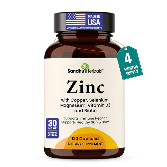 Zink 30mg mit Kupfer, Selen & Vitamin D3 | 120 Kapseln | Magnesium, Vitamin B6, Biotin Komplex | Absorbierbares cheliertes Zink für Männer & Frauen | für Haare, Haut, Nägel & Immununterstützung