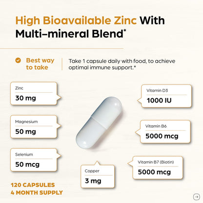 Zink 30mg mit Kupfer, Selen & Vitamin D3 | 120 Kapseln | Magnesium, Vitamin B6, Biotin Komplex | Absorbierbares cheliertes Zink für Männer & Frauen | für Haare, Haut, Nägel & Immununterstützung