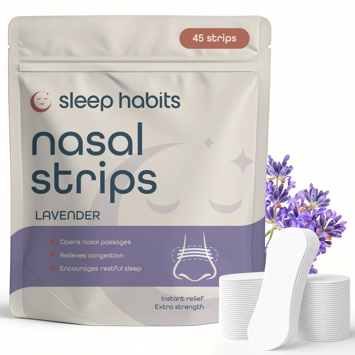SleepHabits 45er Pack Atemstreifen, ungiftig, drittgeprüft, Nasenstreifen für bessere Atmung | Nasale Streifen gegen Schnarchen | Extra stark für empfindliche Haut | Nasenstreifen zum Schlafen, Lavendel