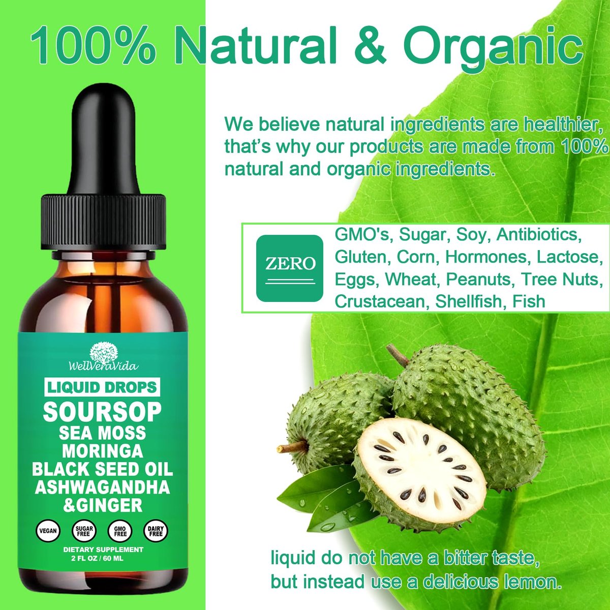 Soursop Bitters Liquid Drops – Bio Soursop Blätter Extrakt für Energie, Haut, Immunsystem & Darmgesundheit | Natürliches Superfood Antioxidans mit Seemoos, Moringa, Schwarzkümmelöl, Ashwagandha & Ingwer