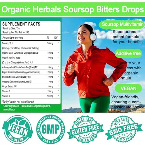 Soursop Bitters Liquid Drops – Bio Soursop Blätter Extrakt für Energie, Haut, Immunsystem & Darmgesundheit | Natürliches Superfood Antioxidans mit Seemoos, Moringa, Schwarzkümmelöl, Ashwagandha & Ingwer