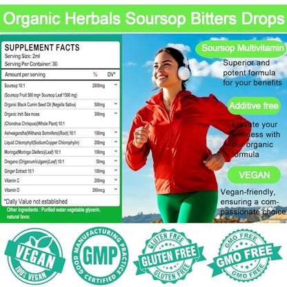 Soursop Bitters Liquid Drops – Bio Soursop Blätter Extrakt für Energie, Haut, Immunsystem & Darmgesundheit | Natürliches Superfood Antioxidans mit Seemoos, Moringa, Schwarzkümmelöl, Ashwagandha & Ingwer