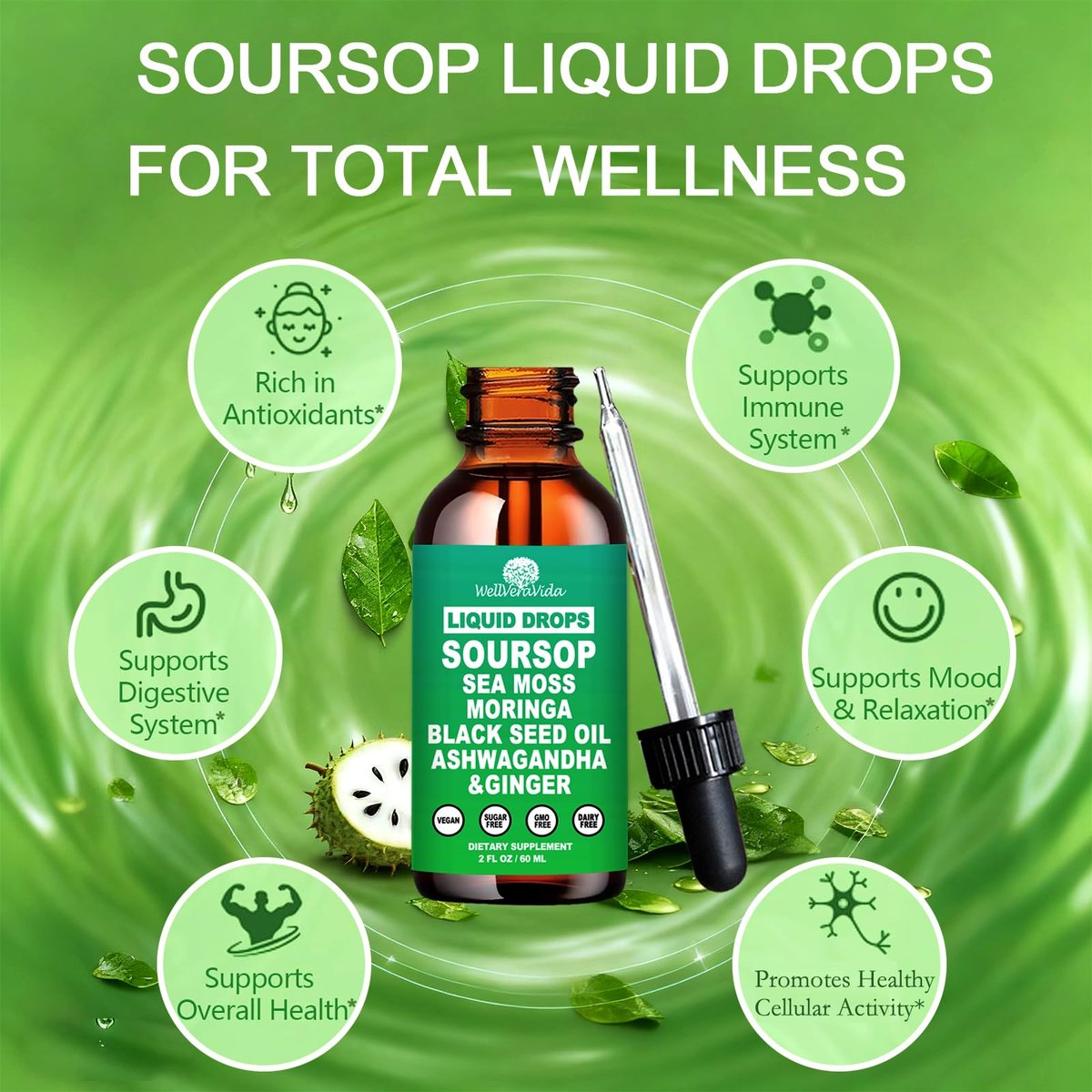 Soursop Bitters Liquid Drops – Bio Soursop Blätter Extrakt für Energie, Haut, Immunsystem & Darmgesundheit | Natürliches Superfood Antioxidans mit Seemoos, Moringa, Schwarzkümmelöl, Ashwagandha & Ingwer