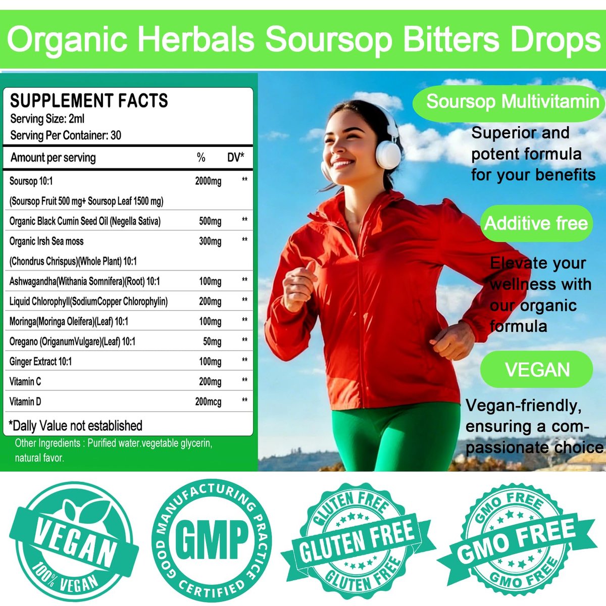 Soursop Bitters Liquid Drops – Bio Soursop Blätter Extrakt für Energie, Haut, Immunsystem & Darmgesundheit | Natürliches Superfood Antioxidans mit Seemoos, Moringa, Schwarzkümmelöl, Ashwagandha & Ingwer