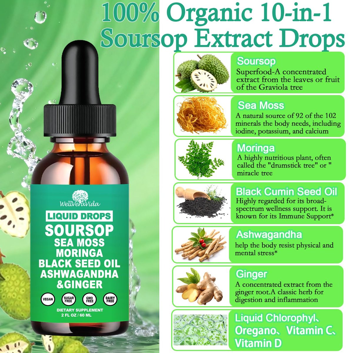Soursop Bitters Liquid Drops – Bio Soursop Blätter Extrakt für Energie, Haut, Immunsystem & Darmgesundheit | Natürliches Superfood Antioxidans mit Seemoos, Moringa, Schwarzkümmelöl, Ashwagandha & Ingwer
