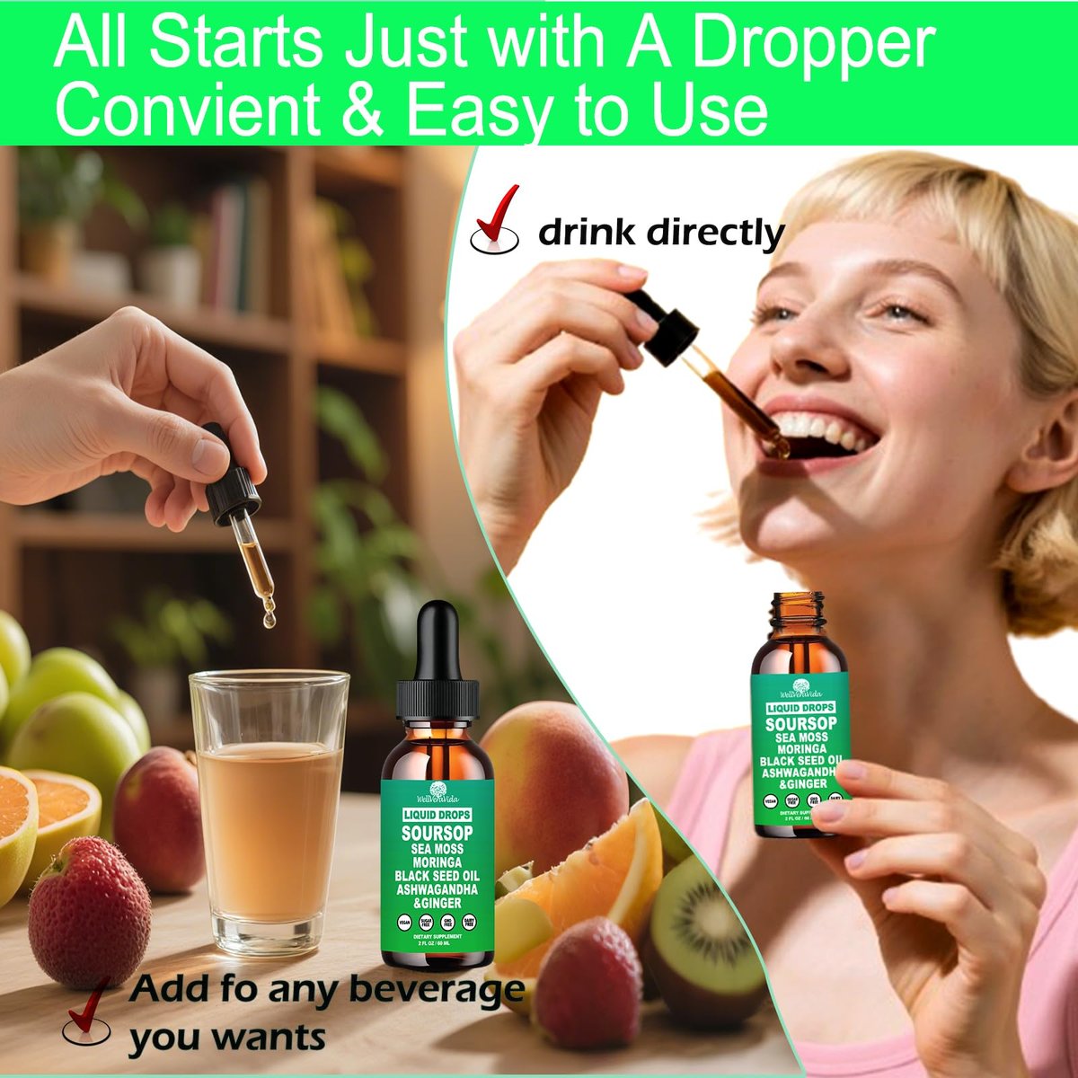 Soursop Bitters Liquid Drops – Bio Soursop Blätter Extrakt für Energie, Haut, Immunsystem & Darmgesundheit | Natürliches Superfood Antioxidans mit Seemoos, Moringa, Schwarzkümmelöl, Ashwagandha & Ingwer