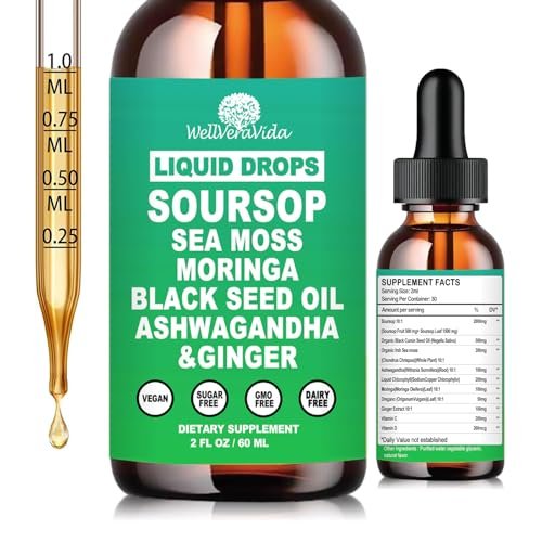 Soursop Bitters Liquid Drops – Bio Soursop Blätter Extrakt für Energie, Haut, Immunsystem & Darmgesundheit | Natürliches Superfood Antioxidans mit Seemoos, Moringa, Schwarzkümmelöl, Ashwagandha & Ingwer