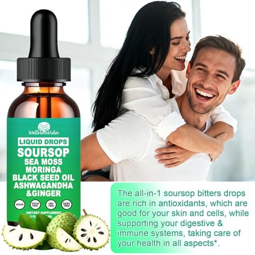 Soursop Bitters Liquid Drops – Bio Soursop Blätter Extrakt für Energie, Haut, Immunsystem & Darmgesundheit | Natürliches Superfood Antioxidans mit Seemoos, Moringa, Schwarzkümmelöl, Ashwagandha & Ingwer