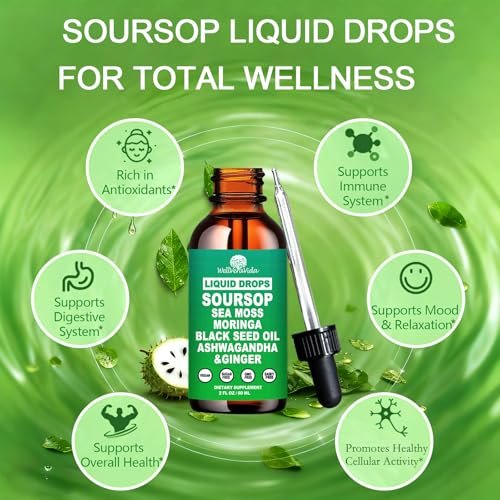 Soursop Bitters Liquid Drops – Bio Soursop Blätter Extrakt für Energie, Haut, Immunsystem & Darmgesundheit | Natürliches Superfood Antioxidans mit Seemoos, Moringa, Schwarzkümmelöl, Ashwagandha & Ingwer