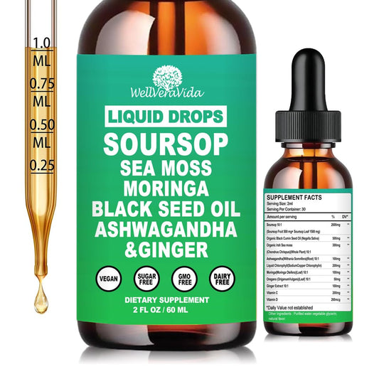 Soursop Bitters Liquid Drops – Bio Soursop Blätter Extrakt für Energie, Haut, Immunsystem & Darmgesundheit | Natürliches Superfood Antioxidans mit Seemoos, Moringa, Schwarzkümmelöl, Ashwagandha & Ingwer