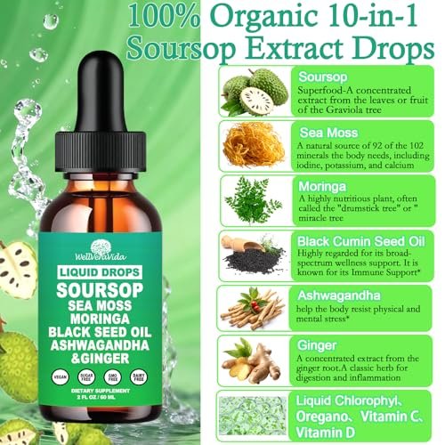 Soursop Bitters Liquid Drops – Bio Soursop Blätter Extrakt für Energie, Haut, Immunsystem & Darmgesundheit | Natürliches Superfood Antioxidans mit Seemoos, Moringa, Schwarzkümmelöl, Ashwagandha & Ingwer