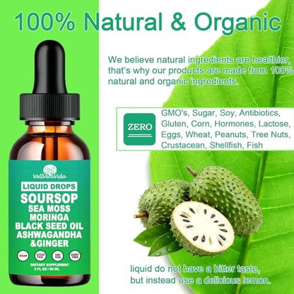 Soursop Bitters Liquid Drops – Bio Soursop Blätter Extrakt für Energie, Haut, Immunsystem & Darmgesundheit | Natürliches Superfood Antioxidans mit Seemoos, Moringa, Schwarzkümmelöl, Ashwagandha & Ingwer
