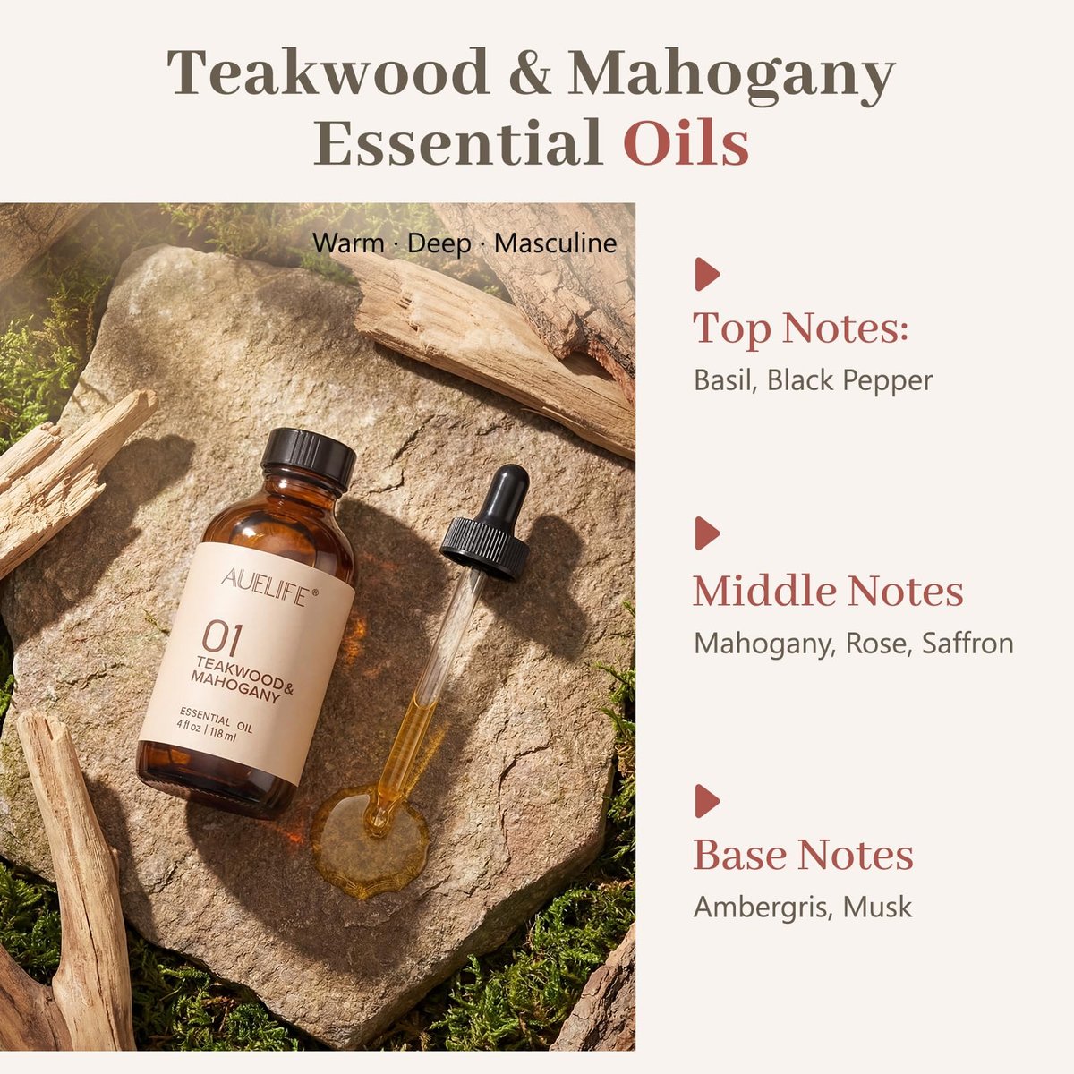 Teakholz & Mahagoni Duftöl – 118 ml (4 fl oz) Flasche – Langanhaltender Holzduft für Diffuser, Kerzenherstellung, Seife & DIY