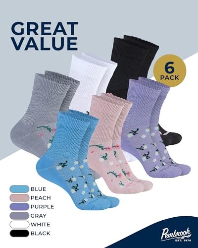 Pembrock Diabetikersocken für Damen und Herren – 6 Paar | Blumenmuster | Atmungsaktiv mit glatten Zehennähten
