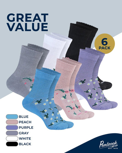 Pembrock Diabetikersocken für Damen & Herren - 6 Paar | Blumenmuster | Atmungsaktiv mit glatten Zehennähten | Knöchelsocken für Diabetiker