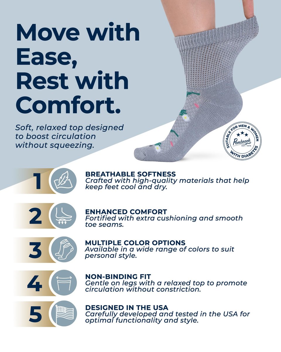 Pembrock Diabetikersocken für Damen und Herren – 6 Paar | Blumenmuster | Atmungsaktiv mit glatten Zehennähten