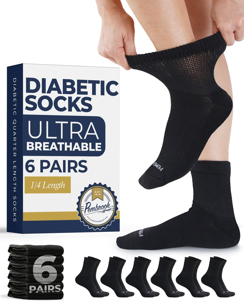 Pembrook Gestrickte Diabetikersocken für Damen und Herren - 6 Paar | Schwarz | Atmungsaktiv, nicht einschnürend, bequem | Diabetiker-Knöchelsocken für Herren