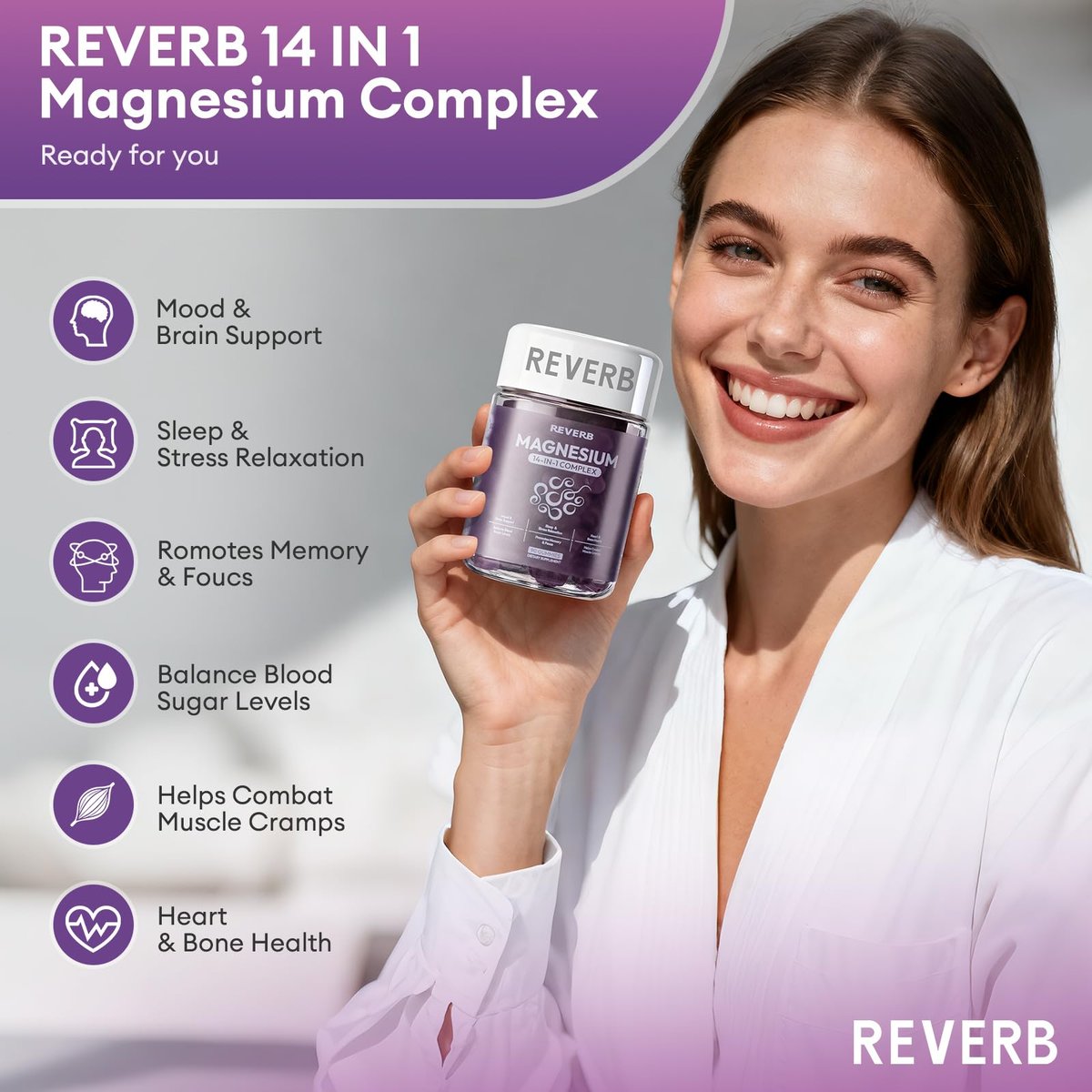 REVERB Magnesium Complex 14-in-1 Magnesium Gummies – 90 Stück, Zuckerfrei, mit Glycinat, L-Threonat, Calcium, Coenzym Q10, Vitamin B6 & D3 – Nahrungsergänzung für Erwachsene
