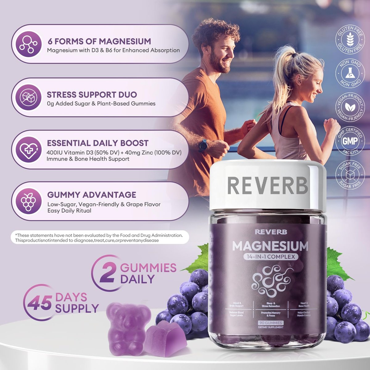 REVERB Magnesium Complex 14-in-1 Magnesium Gummies – 90 Stück, Zuckerfrei, mit Glycinat, L-Threonat, Calcium, Coenzym Q10, Vitamin B6 & D3 – Nahrungsergänzung für Erwachsene