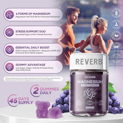REVERB Magnesium Complex 14-in-1 Magnesium Gummies – 90 Stück, Zuckerfrei, mit Glycinat, L-Threonat, Calcium, Coenzym Q10, Vitamin B6 & D3 – Nahrungsergänzung für Erwachsene