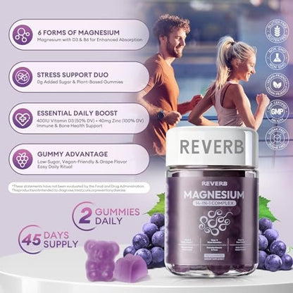 REVERB Magnesium Complex 14-in-1 Magnesium Gummies – 90 Stück, Zuckerfrei, mit Glycinat, L-Threonat, Calcium, Coenzym Q10, Vitamin B6 & D3 – Nahrungsergänzung für Erwachsene