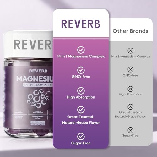 REVERB Magnesium Complex 14-in-1 Magnesium Gummies – 90 Stück, Zuckerfrei, mit Glycinat, L-Threonat, Calcium, Coenzym Q10, Vitamin B6 & D3 – Nahrungsergänzung für Erwachsene