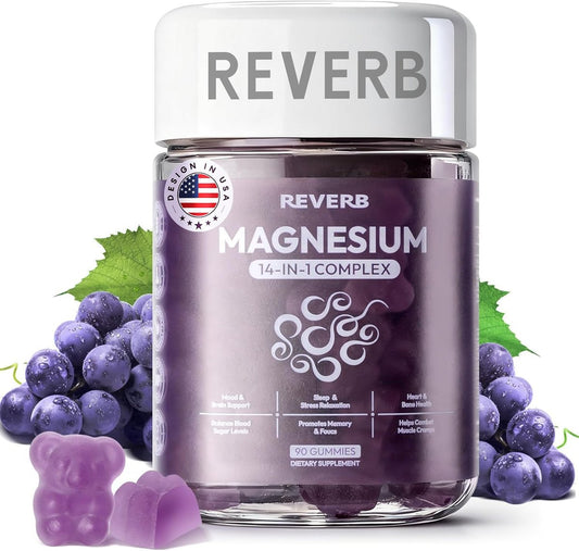 REVERB Magnesium Complex 14-in-1 Magnesium Gummies – 90 Stück, Zuckerfrei, mit Glycinat, L-Threonat, Calcium, Coenzym Q10, Vitamin B6 & D3 – Nahrungsergänzung für Erwachsene
