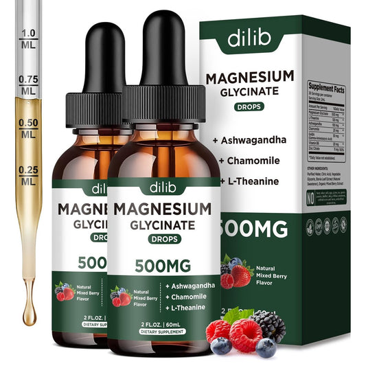 dilib Magnesium Glycinat Flüssige Tropfen mit Ashwagandha, L-Theanin & Kamille – 500 mg Magnesium pro Portion, unterstützt Stressabbau, Knochen, Muskeln & Stimmung – Mischbeere-Geschmack, 2er-Pack
