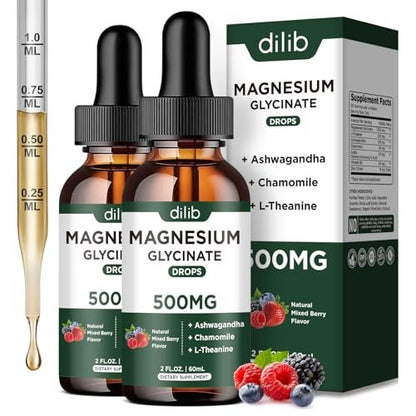 dilib Magnesium Glycinat Flüssige Tropfen mit Ashwagandha, L-Theanin & Kamille – 500 mg Magnesium pro Portion, unterstützt Stressabbau, Knochen, Muskeln & Stimmung – Mischbeere-Geschmack, 2er-Pack