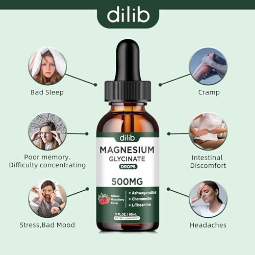 dilib Magnesium Glycinat Flüssig Drops – mit Ashwagandha, L-Theanin & Kamille für Stressabbau, Knochen & Muskeln – 500 mg pro Portion – 2 Fl Oz (Packung mit 1)