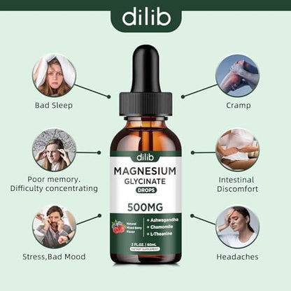 dilib Magnesium Glycinat Flüssig Drops – mit Ashwagandha, L-Theanin & Kamille für Stressabbau, Knochen & Muskeln – 500 mg pro Portion – 2 Fl Oz (Packung mit 1)
