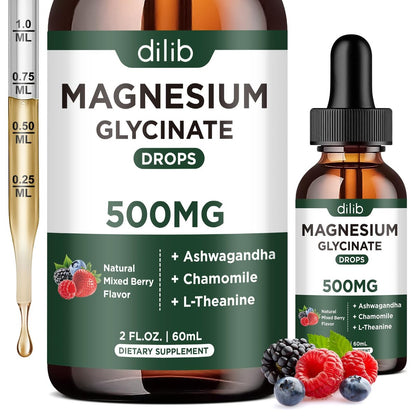 dilib Magnesium Glycinat Flüssig Drops – mit Ashwagandha, L-Theanin & Kamille für Stressabbau, Knochen & Muskeln – 500 mg pro Portion – 2 Fl Oz (Packung mit 1)