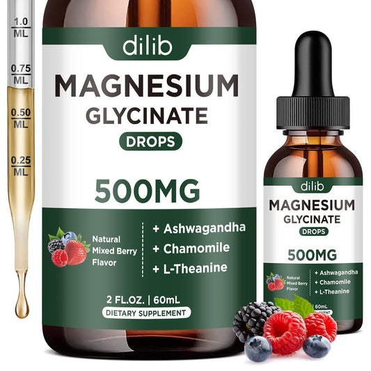dilib Magnesium Glycinat Flüssig Drops – mit Ashwagandha, L-Theanin & Kamille für Stressabbau, Knochen & Muskeln – 500 mg pro Portion – 2 Fl Oz (Packung mit 1)