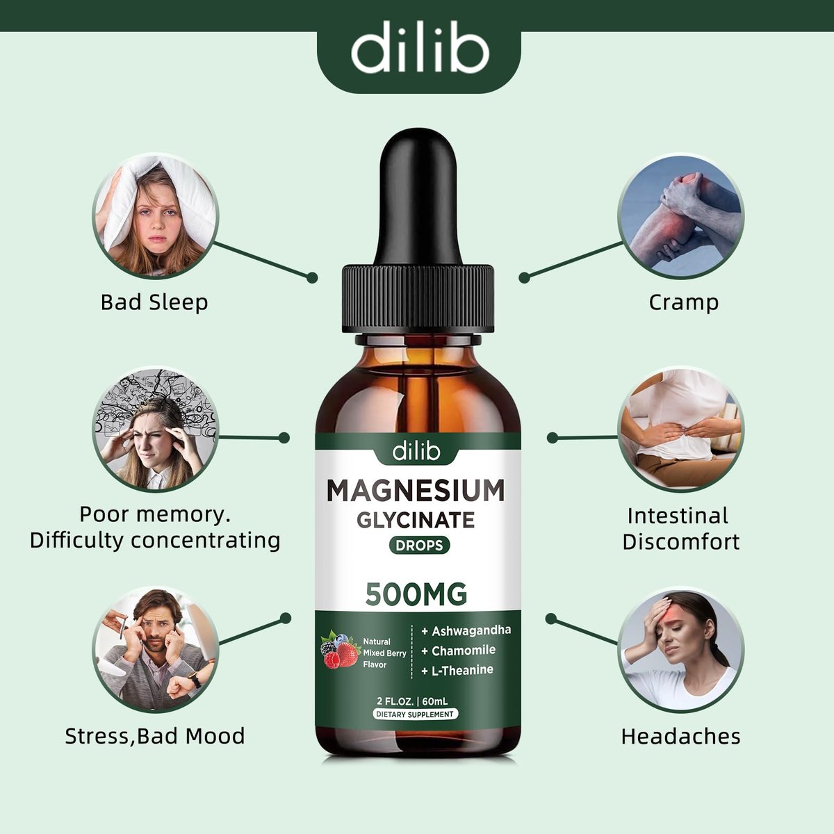dilib Magnesium Glycinat Flüssig Drops – mit Ashwagandha, L-Theanin & Kamille für Stressabbau, Knochen & Muskeln – 500 mg pro Portion – 2 Fl Oz (Packung mit 1)
