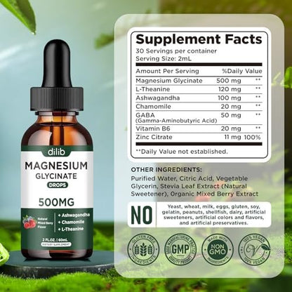 dilib Magnesium Glycinat Flüssige Tropfen mit Ashwagandha, L-Theanin & Kamille – 500 mg Magnesium pro Portion, unterstützt Stressabbau, Knochen, Muskeln & Stimmung – Mischbeere-Geschmack, 2er-Pack