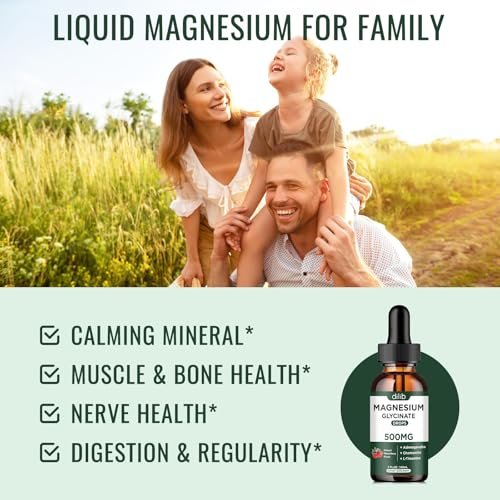 dilib Magnesium Glycinat Flüssig Drops – mit Ashwagandha, L-Theanin & Kamille für Stressabbau, Knochen & Muskeln – 500 mg pro Portion – 2 Fl Oz (Packung mit 1)