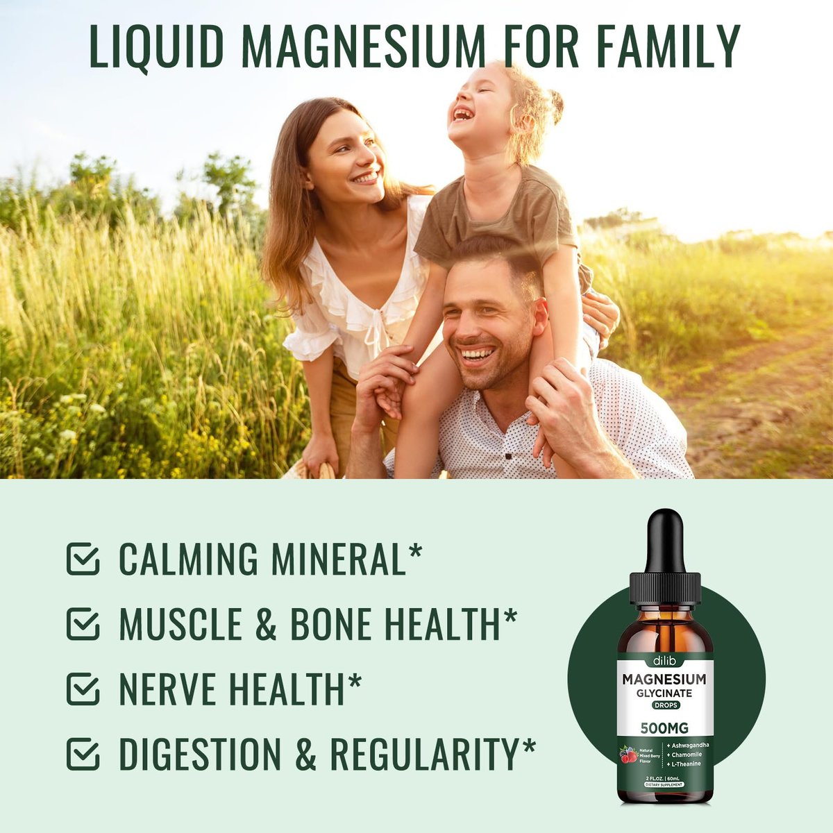 dilib Magnesium Glycinat Flüssig Drops – mit Ashwagandha, L-Theanin & Kamille für Stressabbau, Knochen & Muskeln – 500 mg pro Portion – 2 Fl Oz (Packung mit 1)