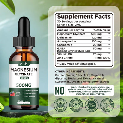 dilib Magnesium Glycinat Flüssig Drops – mit Ashwagandha, L-Theanin & Kamille für Stressabbau, Knochen & Muskeln – 500 mg pro Portion – 2 Fl Oz (Packung mit 1)