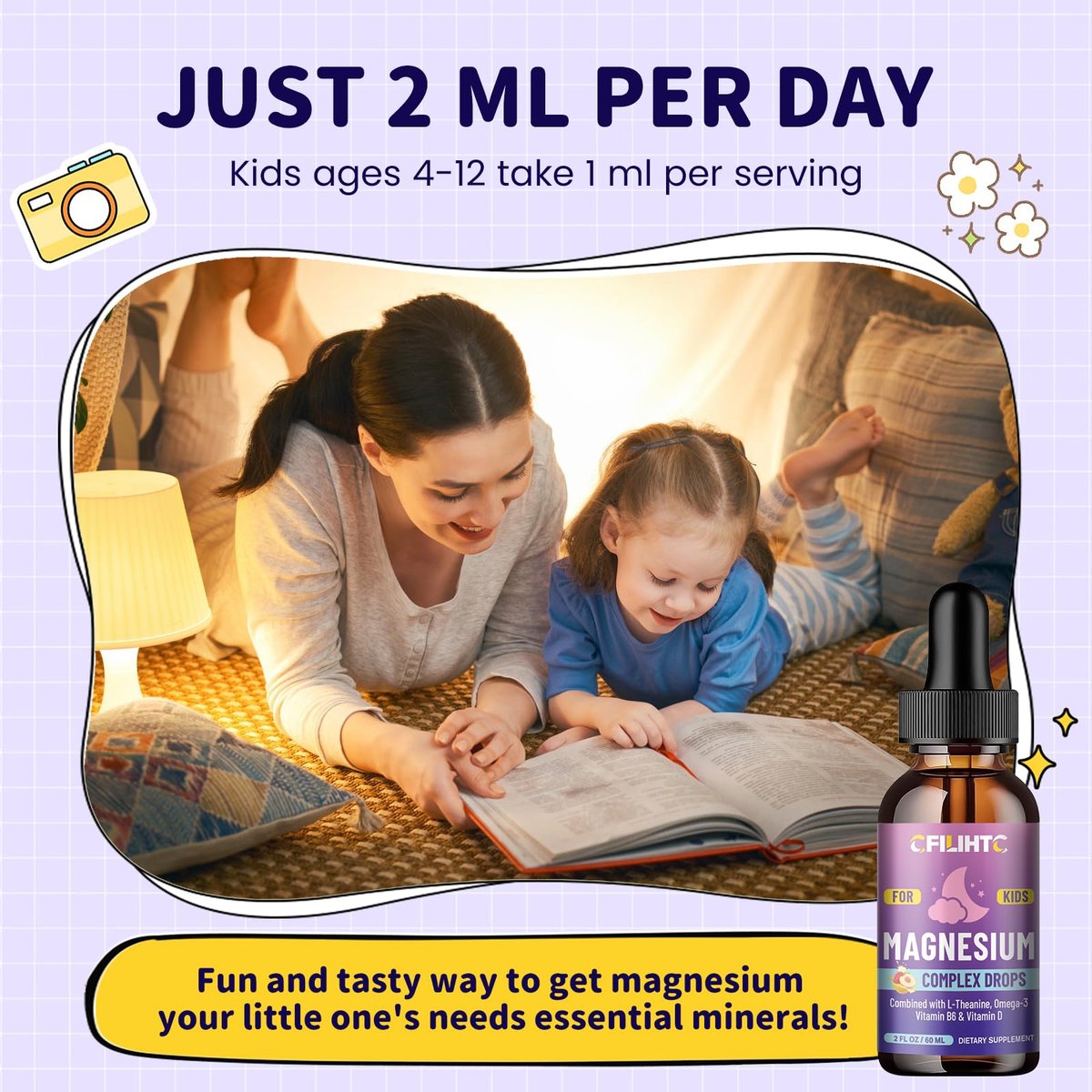 CFILIHTC Kids Magnesium Liquid Drops - Magnesium Glycinat für Kinder mit L-Theanin, Omega-3, Vitamin B6, D3 - für Schlaf, Entspannung, Gehirn, Knochen - Pfirsichgeschmack, 59 ml