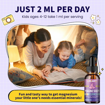 CFILIHTC Kids Magnesium Liquid Drops - Magnesium Glycinat für Kinder mit L-Theanin, Omega-3, Vitamin B6, D3 - für Schlaf, Entspannung, Gehirn, Knochen - Pfirsichgeschmack, 59 ml