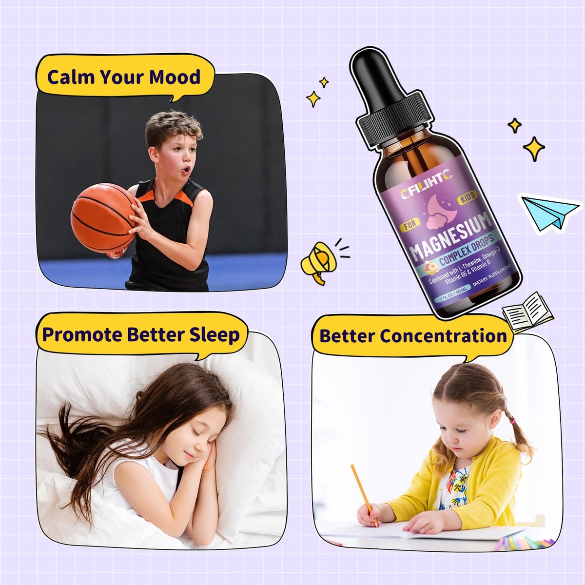 CFILIHTC Kids Magnesium Liquid Drops - Magnesium Glycinat für Kinder mit L-Theanin, Omega-3, Vitamin B6, D3 - für Schlaf, Entspannung, Gehirn, Knochen - Pfirsichgeschmack, 59 ml