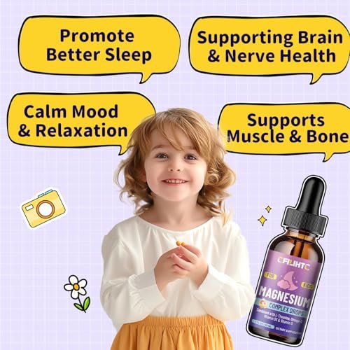 CFILIHTC Kids Magnesium Liquid Drops - Magnesium Glycinat für Kinder mit L-Theanin, Omega-3, Vitamin B6, D3 - für Schlaf, Entspannung, Gehirn, Knochen - Pfirsichgeschmack, 59 ml